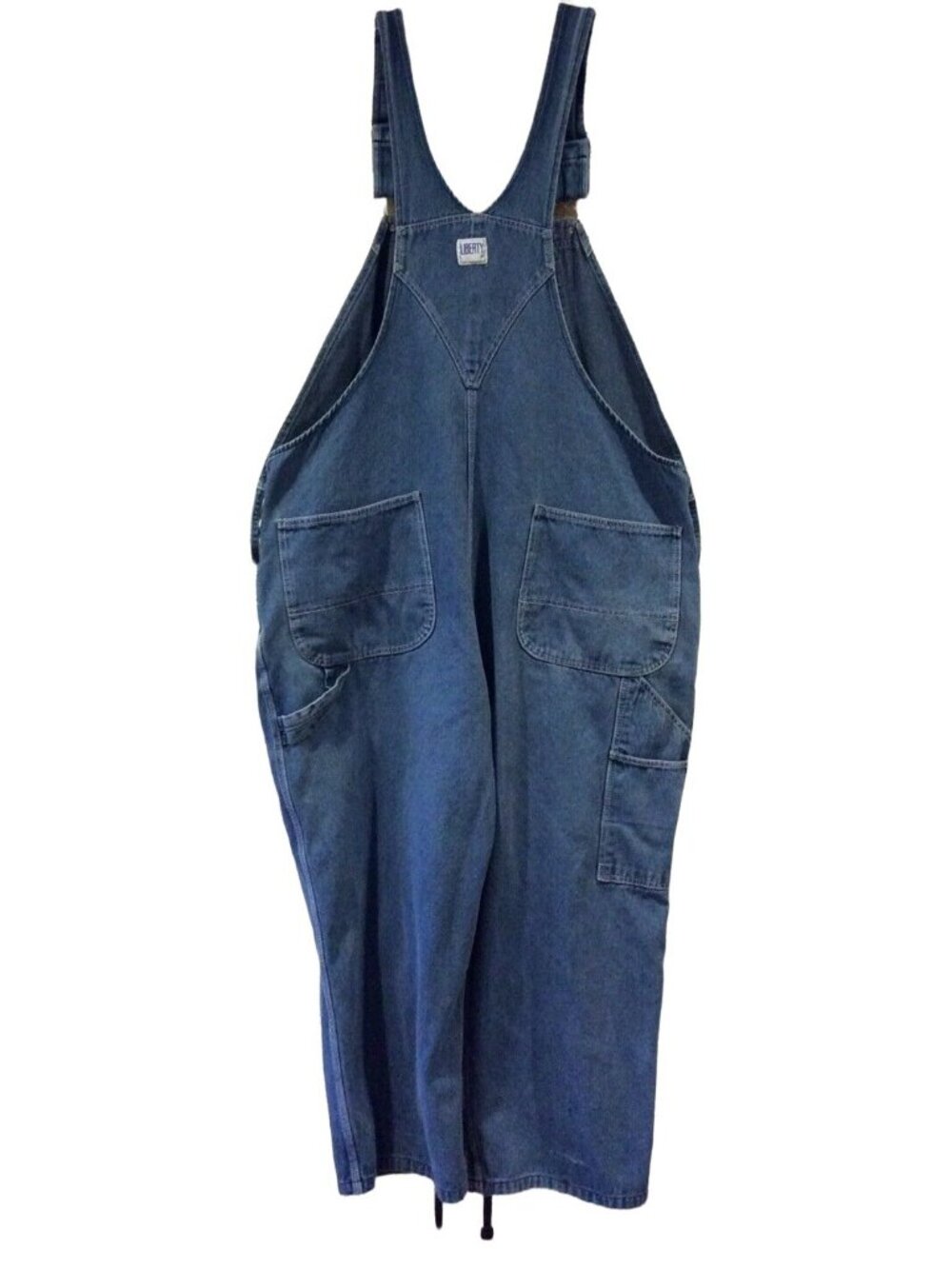 Liberty Bib Overalls 48x25 Blue Denim Cotton Farmer Industrial Work Trashed HOLE - Picture 3 of 5